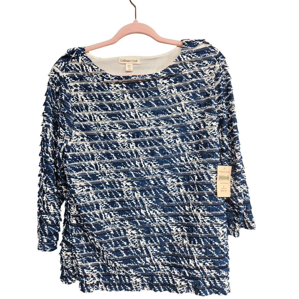 Coldwater Creek Womens Blue Wht Ruffle Knit Top Abstract 3/4 Sleeve L 14-16 NEW